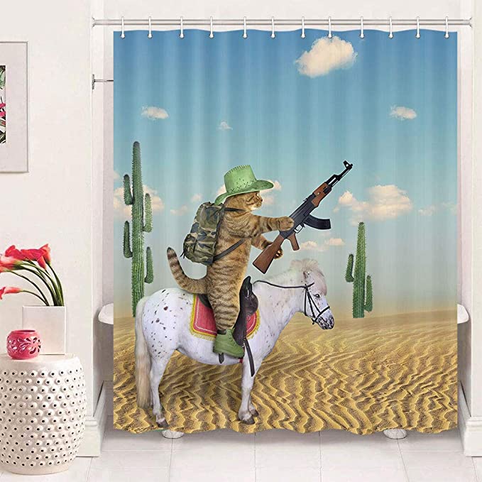 Cowboy Cat Riding Horse Shower Curtain Cute Kitten Conquer Western
