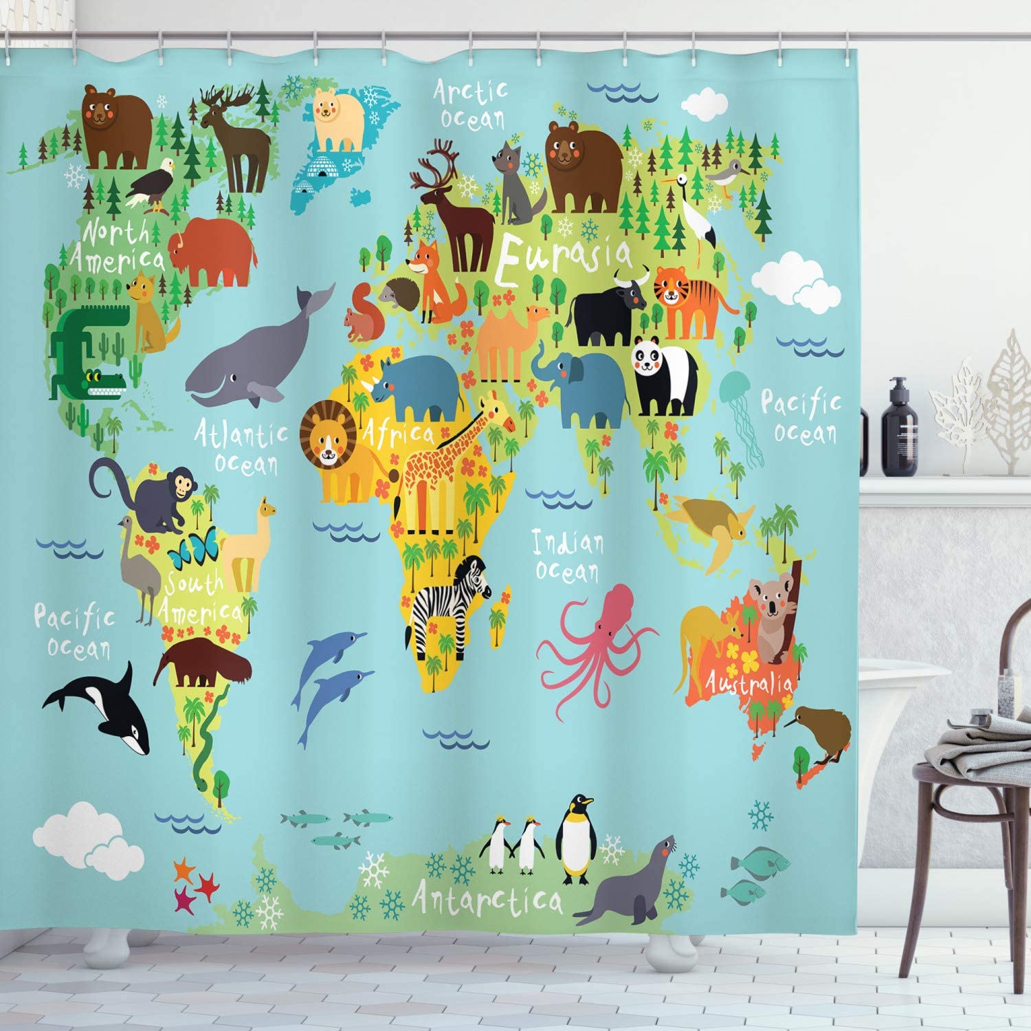 Animals Geographical Distribution World Map Shower Curtain