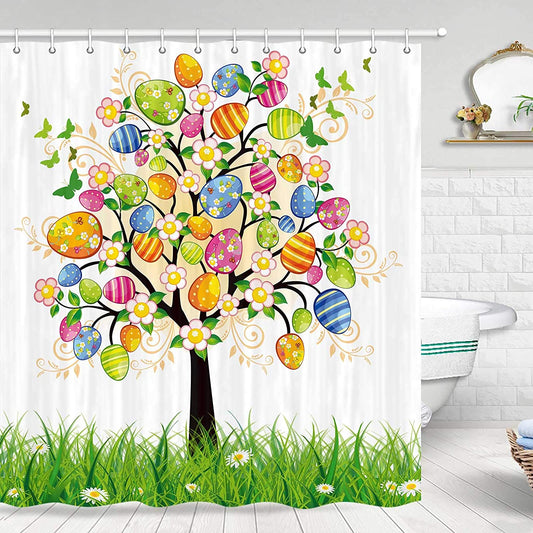Green Grass with Butterflies Tree of Spring Flowers and Easter Eggs Shower Curtain