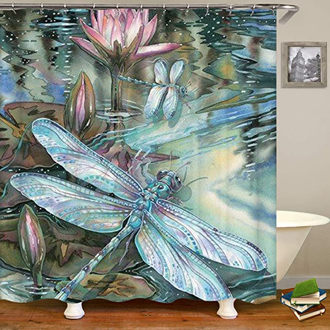 Vintage Painting Dragonfly And Lotus River Shower Curtain