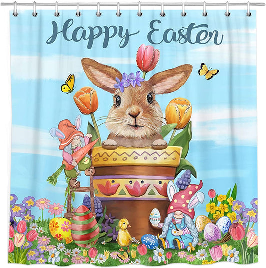 Cute Girly Bunny in Planter Farmhouse Animal Floral with Gnome Happy Easter Shower Curtain