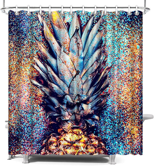 Golden and Blue Shine Glitter Fruit Art Tropical Pineapple Shower Curtain