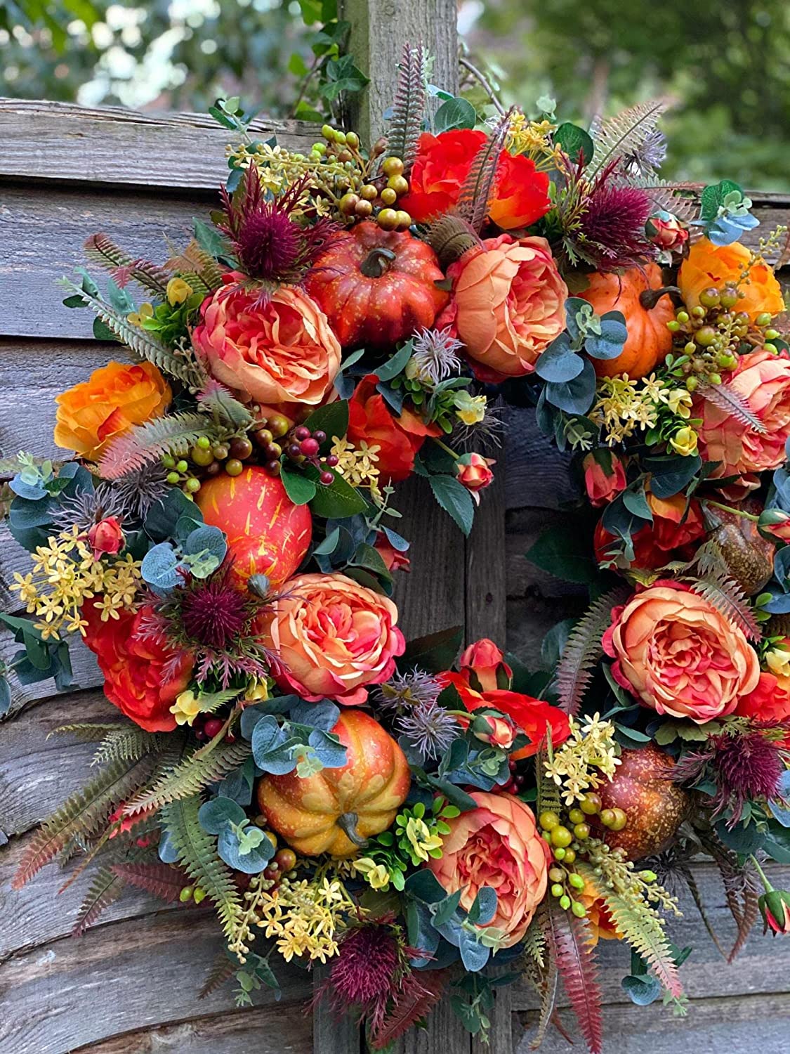 Fall Season Peony with Pumpkin Floral Wreath