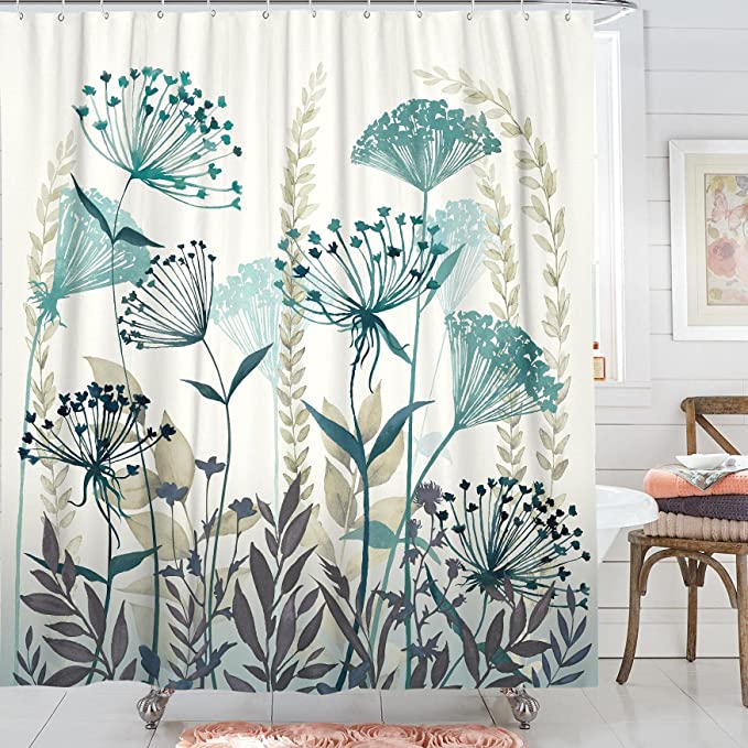 Beige Flower Plant Teal Blue Dandelions Shower Curtain