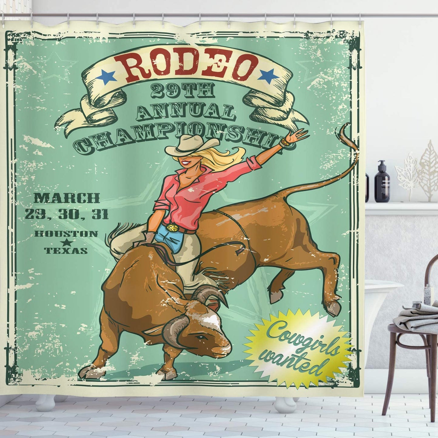 Vintage Poster The Bull Annual Championship Cowgirl Rodeo Shower Curtain