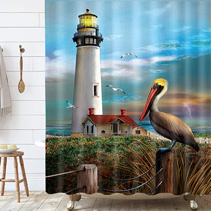 Pelican Bird with LIghthouse Beach Coast Painting Shower Curtain