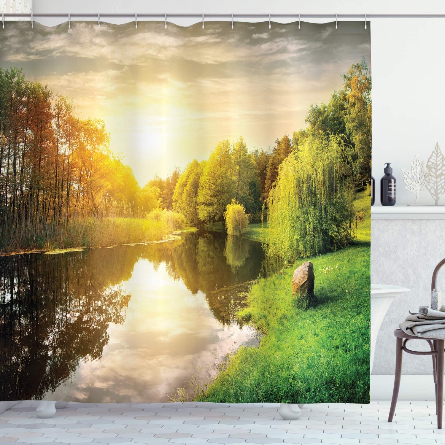 Sunset Over Calm River Willow Tree Shower Curtain