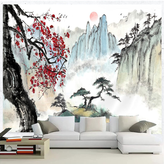 Oriental Lanscape Aesthetic Mountain and Trees with Chery Blossoms Asian Tapestry