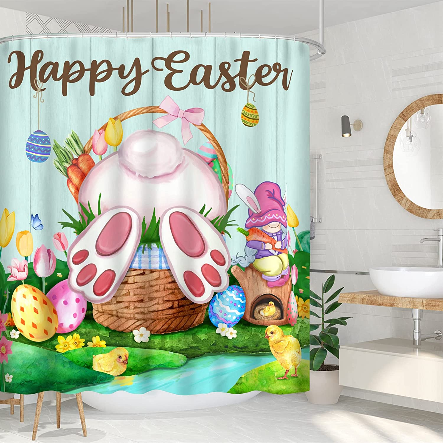 Cartoon Spring Garden River Chick with Basket of Bunny Barn Door Holiday Farmhouse Easter Shower Curtain