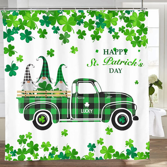 Farmhouse Green Truck with Gnomes with Falling Shamrock St Patrick's Shower Curtain