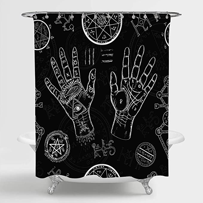 Palmistry Hand Shower Curtain Black White Mysterious Tribal