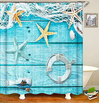 Starfish Lifebuoy Blue Barn Door Beach Nautical Shower Curtain