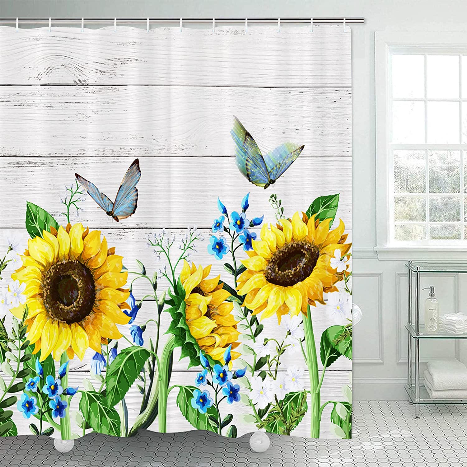 Barn Door Print Blue Butterflies with Floral Vintage Rustic Sunflower Shower Curtain