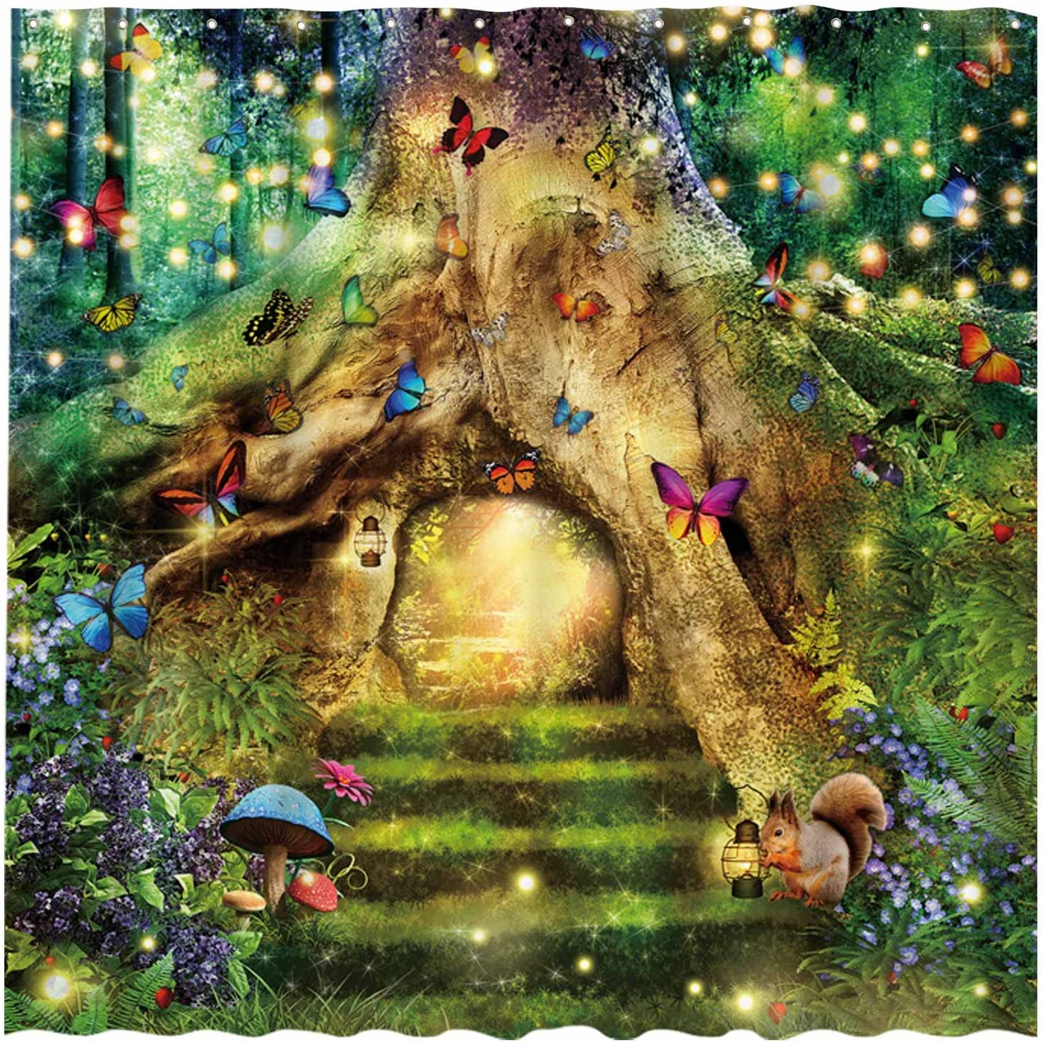 Night Woodland Magical Treehouse with Colorful Butterflies Enchanted Forest Shower Curtain