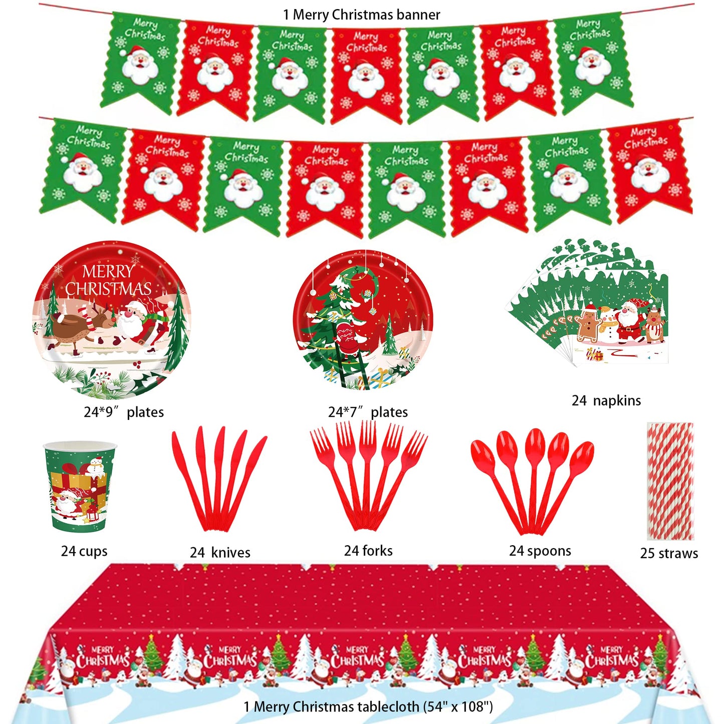 Red Green Christmas Paper Plate - 10 Set of Disposable Tableware