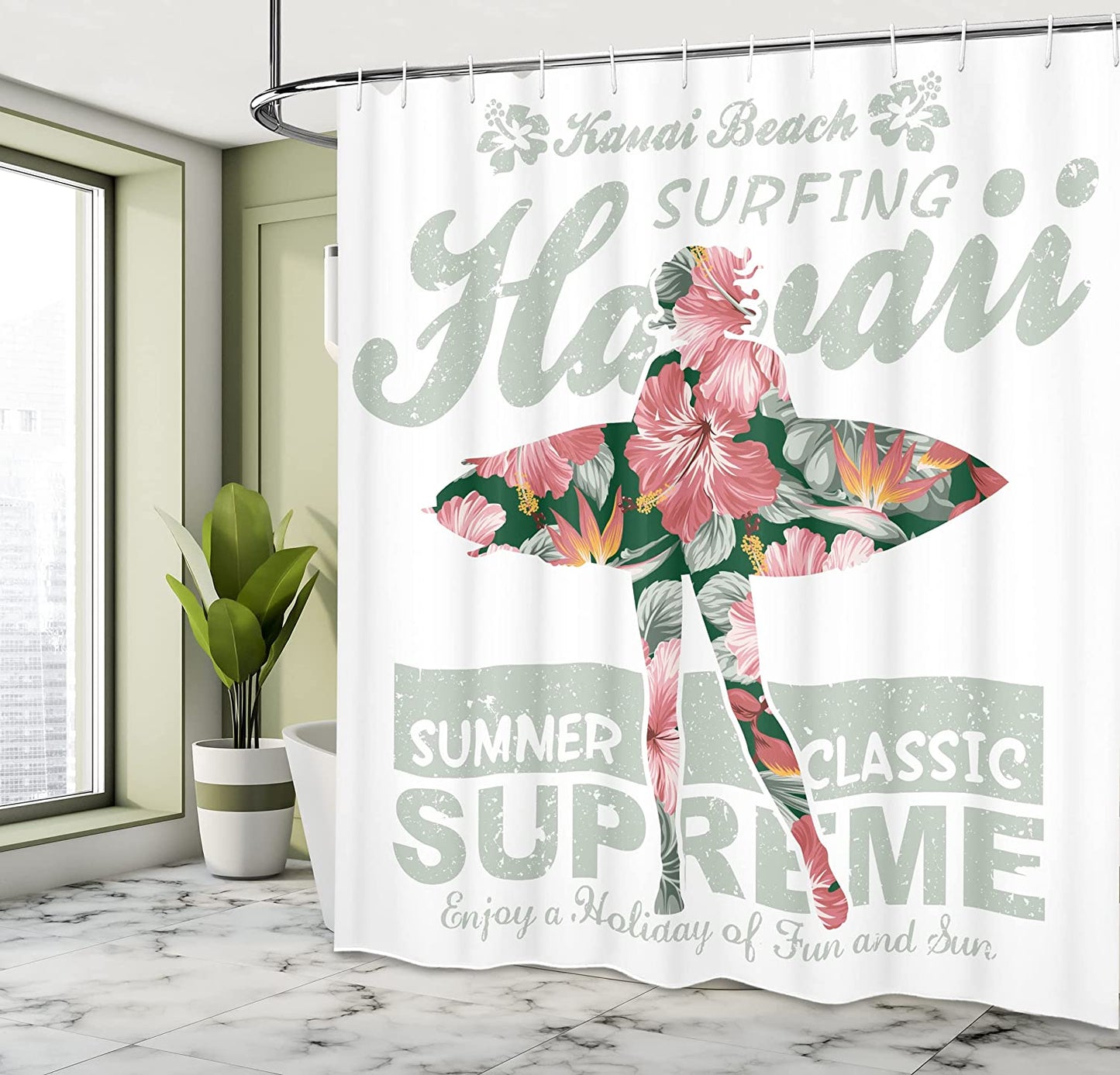 Tropical Hawaii Hibiscus Surfing Girl Shower Curtain