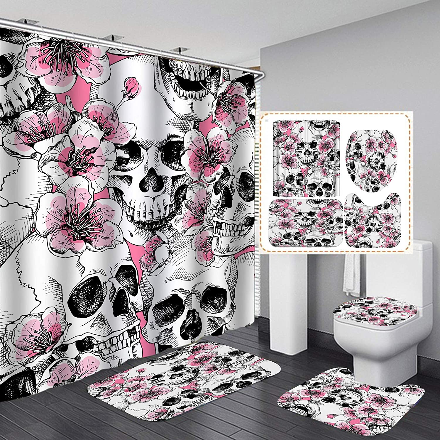 Pink Cherry Flower Skull Shower Curtain