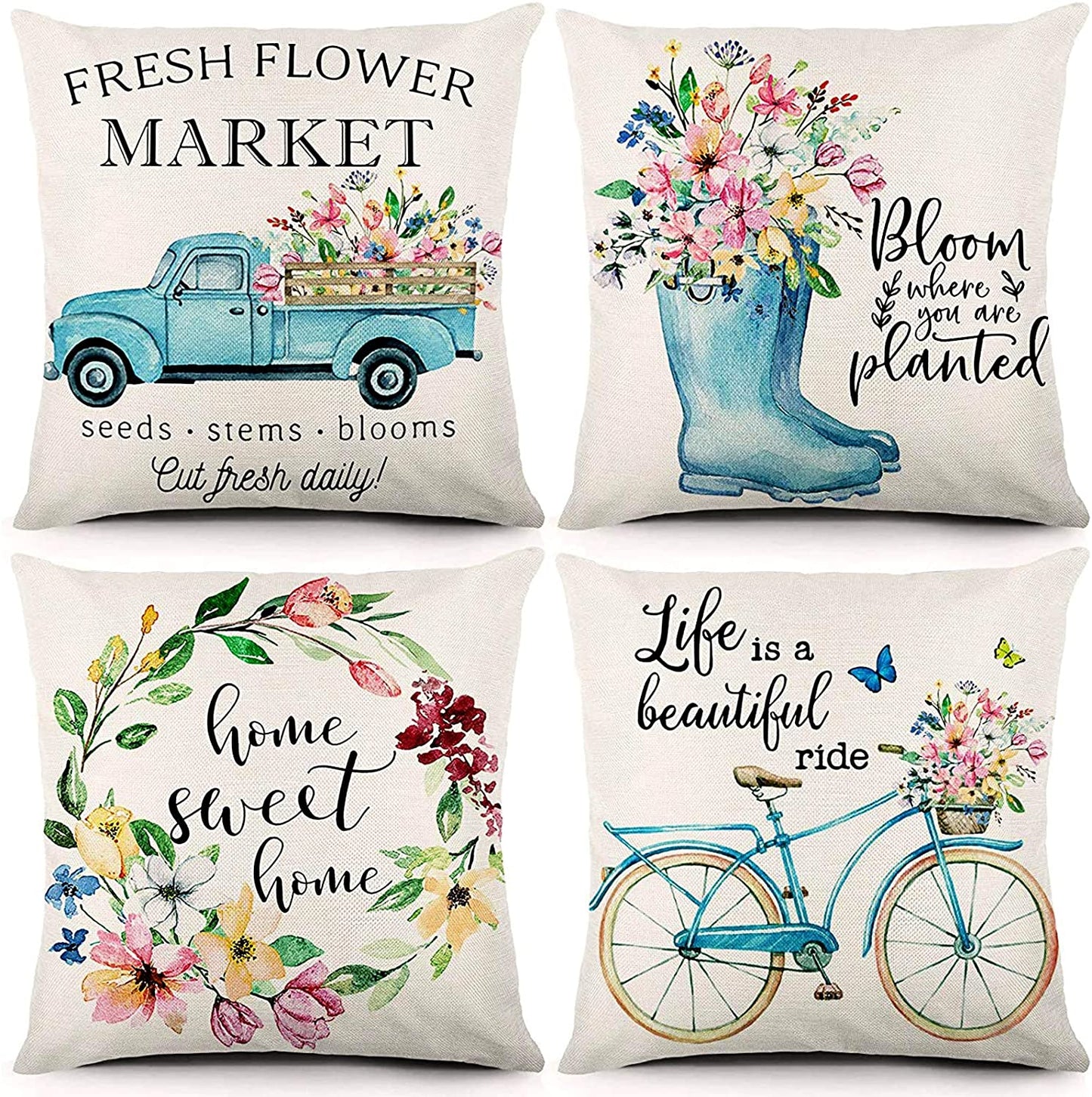 Teal Blue Garden Spring Throw Pillow Covers Set of 4