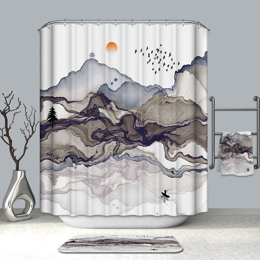 Abstract Fluid Asian Art Mountain with River and Wild Geese Mountain Shower Curtain