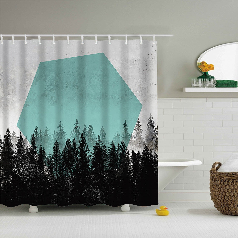 Abstract Green Hexagon Shape Sunshine with Black Tall Trees Forest Art Shower Curtain