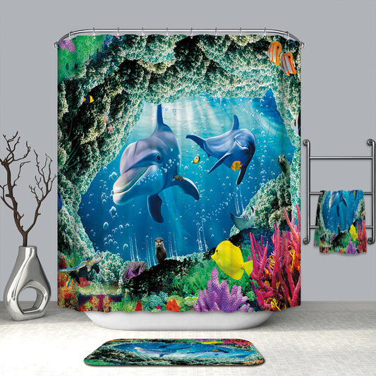 Acrossing Beautiful Coral with Ocean Creatures Cartoon Happy Dolphin Shower Curtain