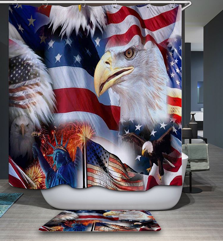 American Flag Shower Curtain Bald Eagles 4th of July Holiday