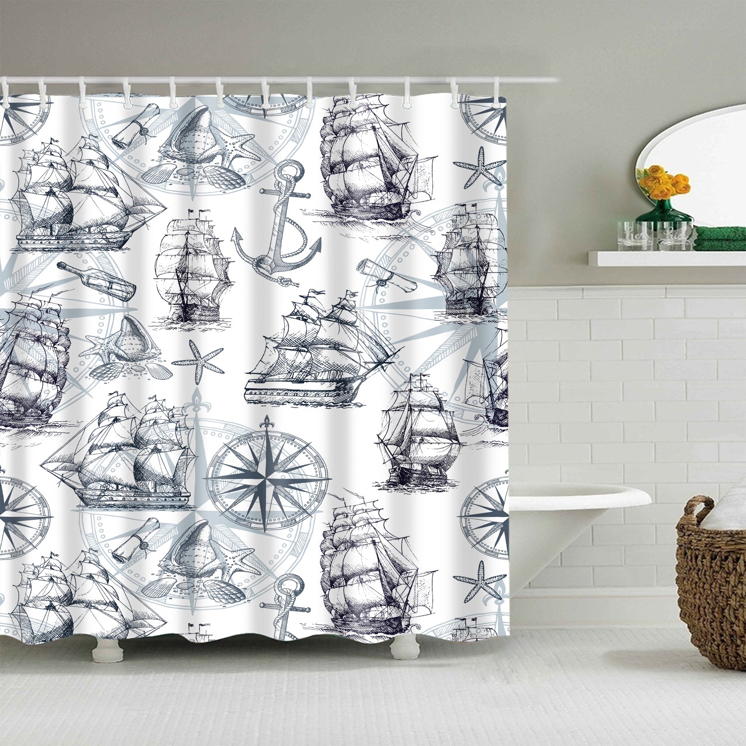 Ancient Nautical Sailboat Pattern Dark Blue Ship Shower Curtain