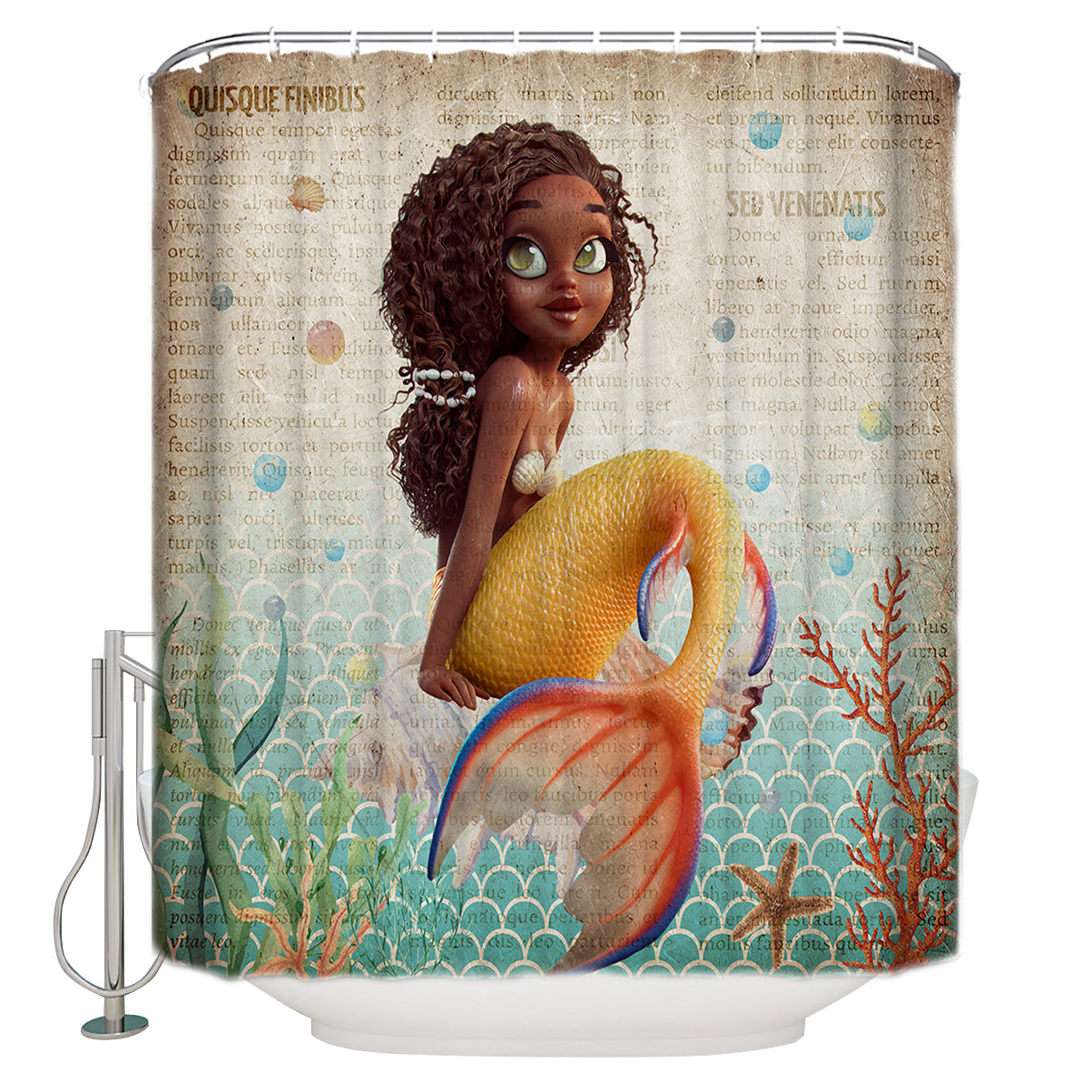 Ancient Newspaper Backdrop Goldfish Tail Afro Black Little Mermaid Shower Curtain