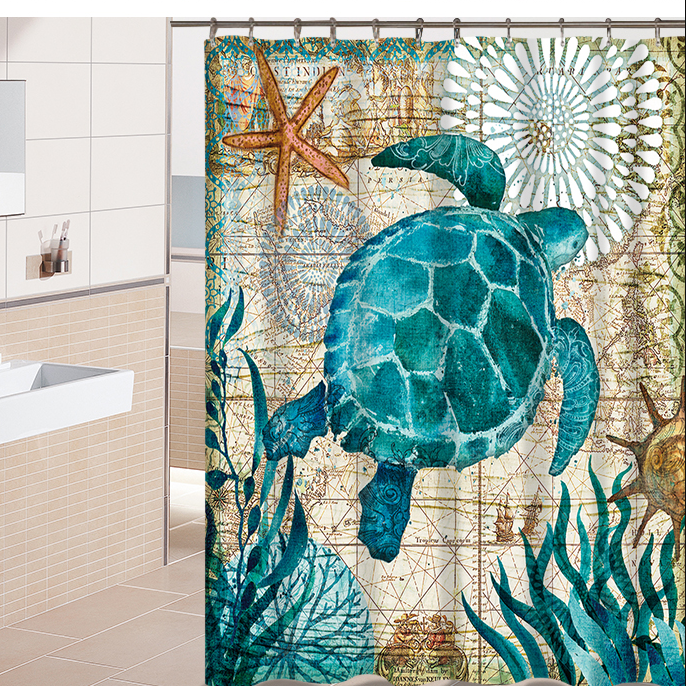 Ancient Green Sea Turtle Shower Curtain Watercolor Print Beach Bath Curtain | GoJeek