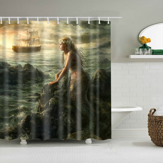 Ancient Sailling Boat Coast Mermaid Shower Curtain