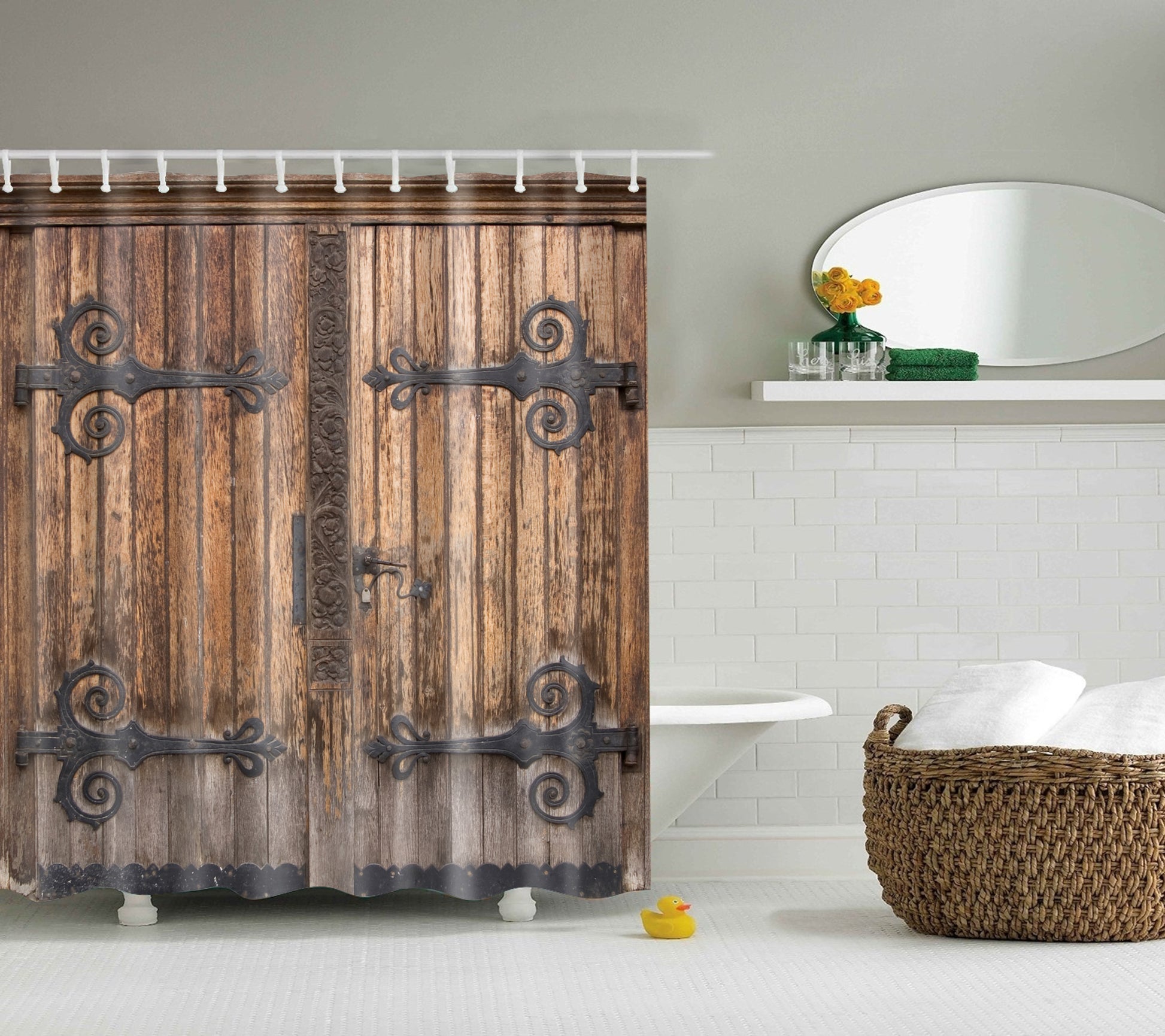 Antique Wood Interior Double Barn Door Shower Curtain