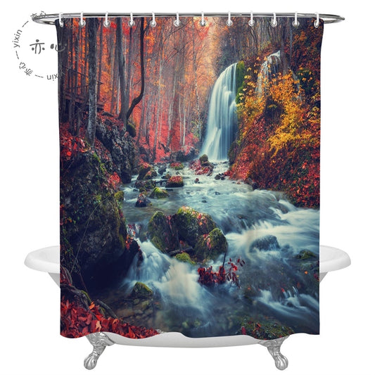 Autumn Fall Forest Landscape Foliage Waterfall River Mountain Shower Curtain