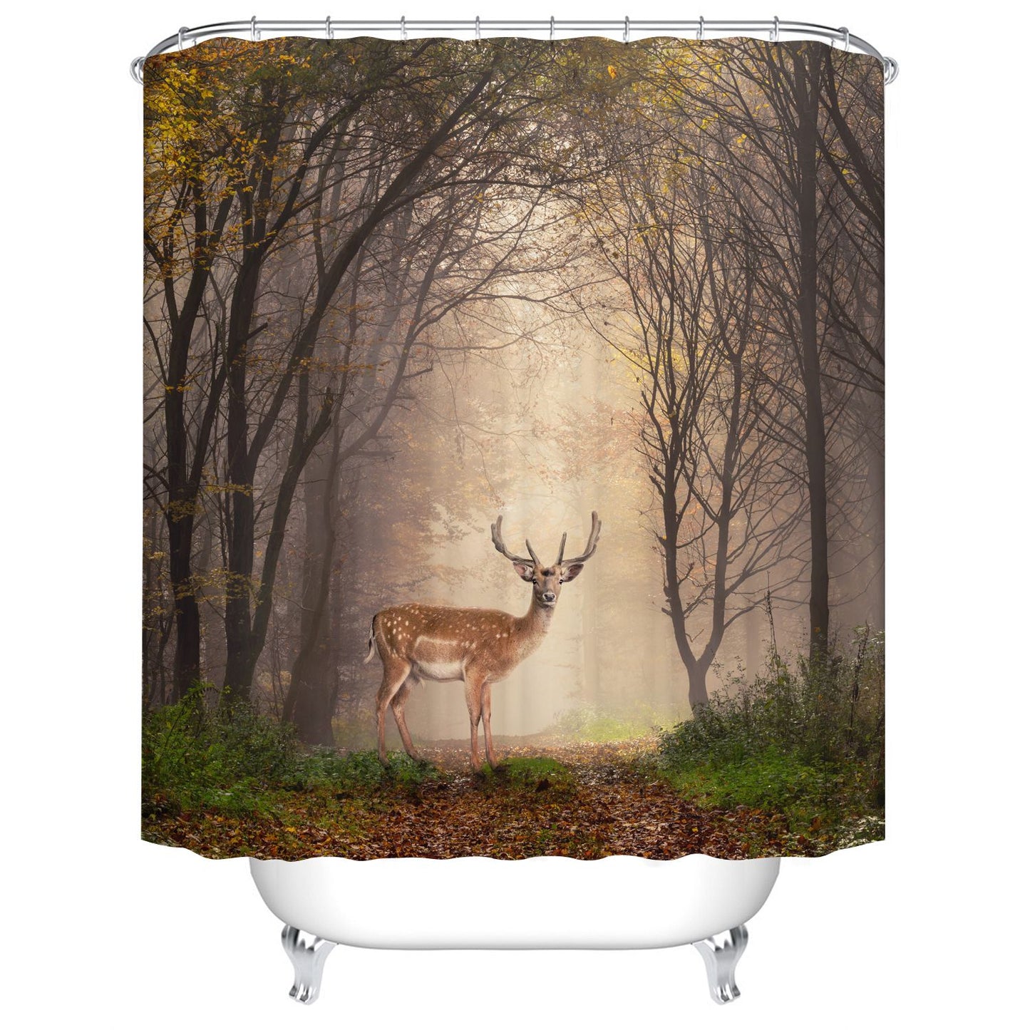 Autumn Foggy Forest Red Deer Shower Curtain