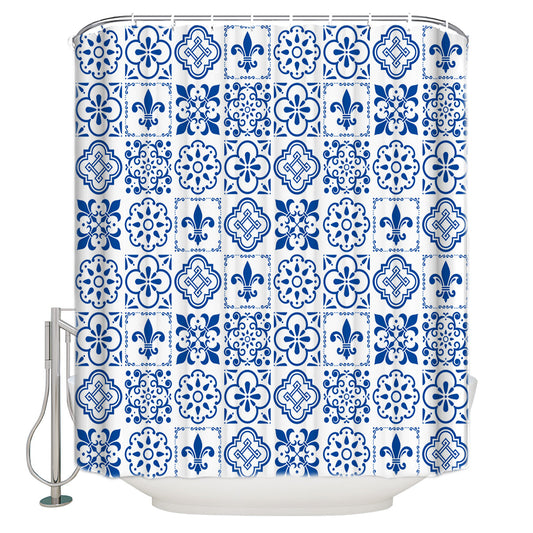 Azulejo Tiles Blue Fleur De Lis Flowers Victorian Swirls and Stain Shower Curtain