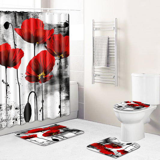 Floral Shower Curtain, Red Gray Brown Beige, Dahlia Flower Burst Bath  Curtain, Chrysanthemum Bathroom Décor, Designed by Artist 