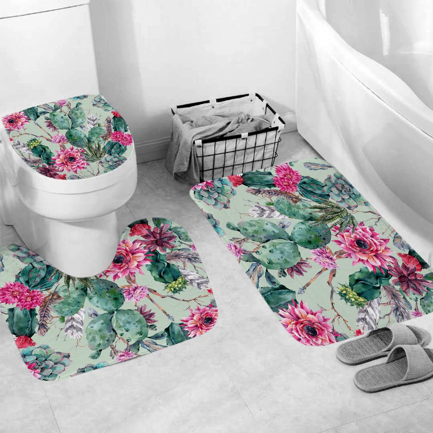 Cactus with Bloom Flower Painting Shower Curtain Set - 4 Pcs