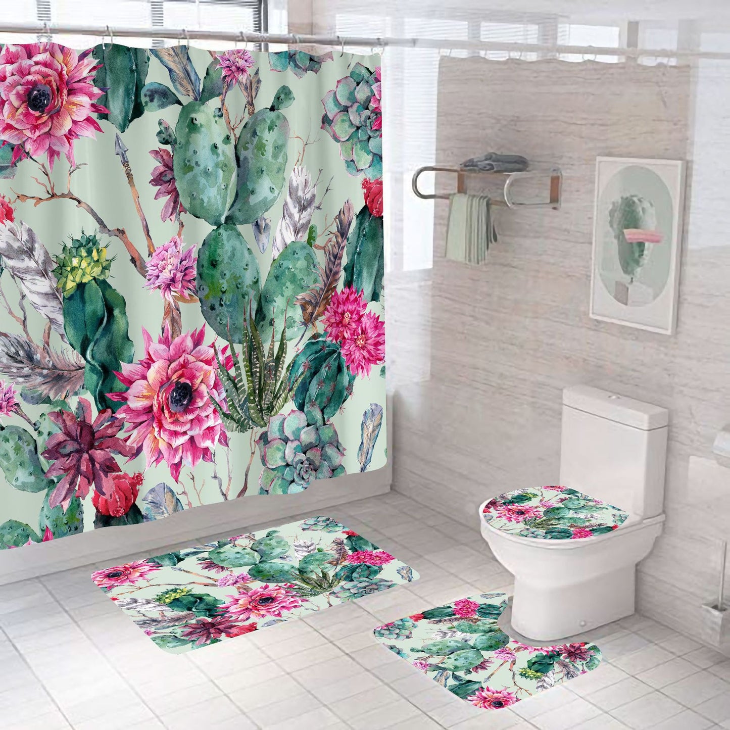 Cactus with Bloom Flower Painting Shower Curtain Set - 4 Pcs