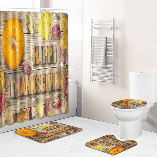 Wooden Border Fall Leaves with Pumpkin Shower Curtain Set - 4 Pcs