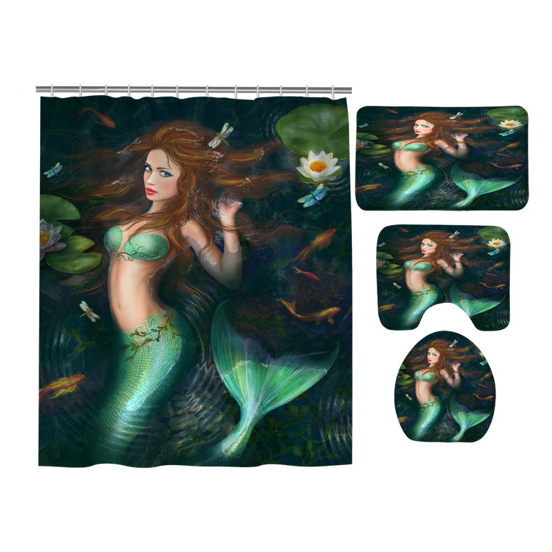River Lake Lotus with Green Mermaid Shower Curtain Set - 4 Pcs