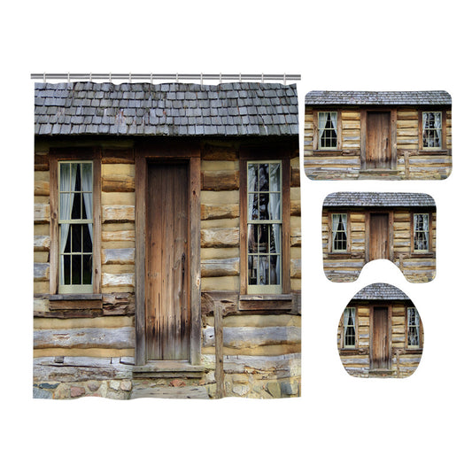 Historical Wooden Front Door and Porch Log Cabin Shower Curtain Set - 4 Pcs