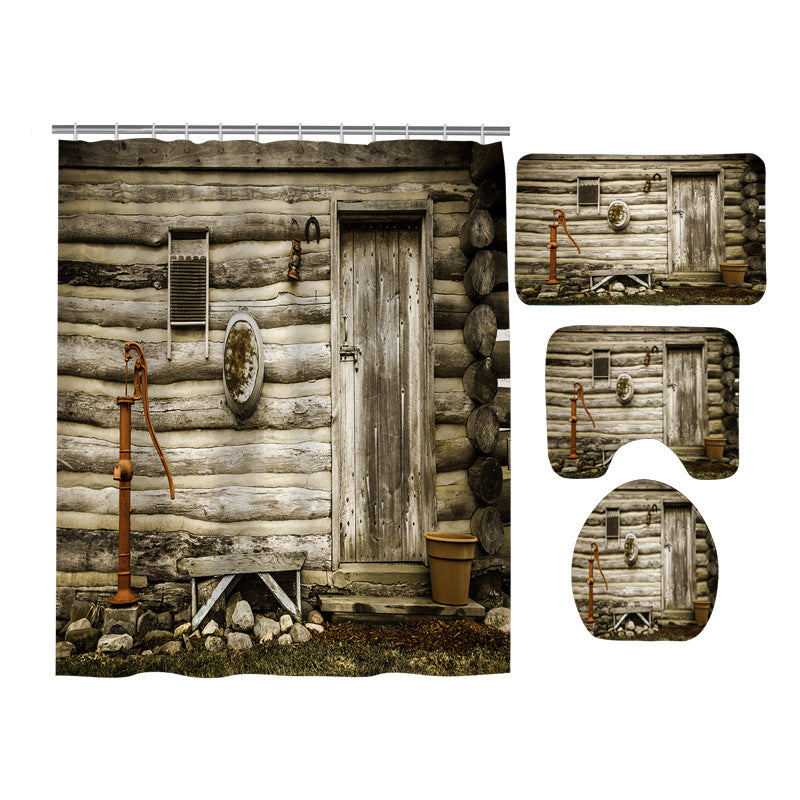 Historical Wooden Exterior Log Cabin Western Cottage Shower Curtain Set - 4 Pcs
