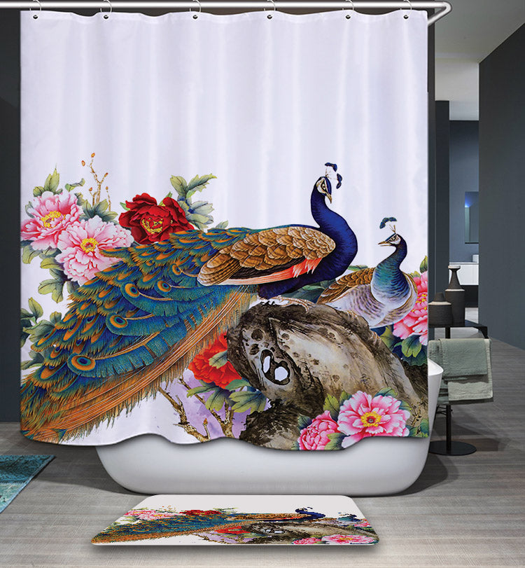 Beautiful Painting Flowers with Couple Peacock Shower Curtain