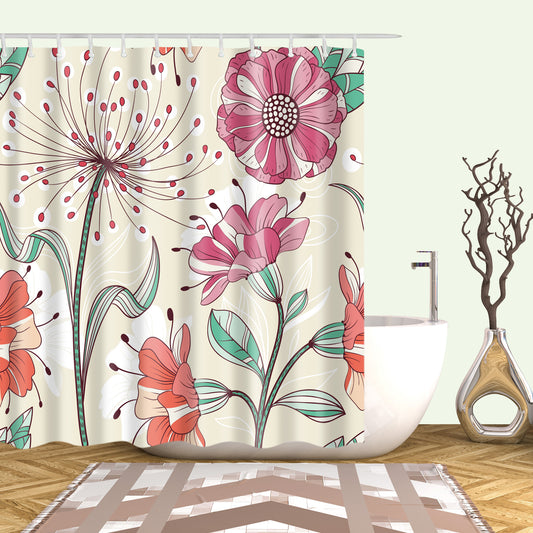 Beige Blooming Colorful Floral Shower Curtain