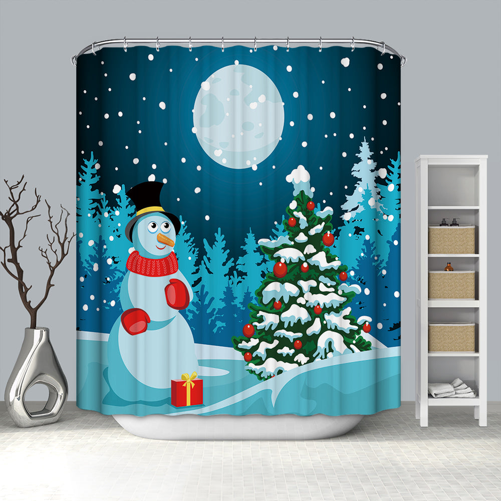 Big Moon Night Snowman with Tree Shower Curtain