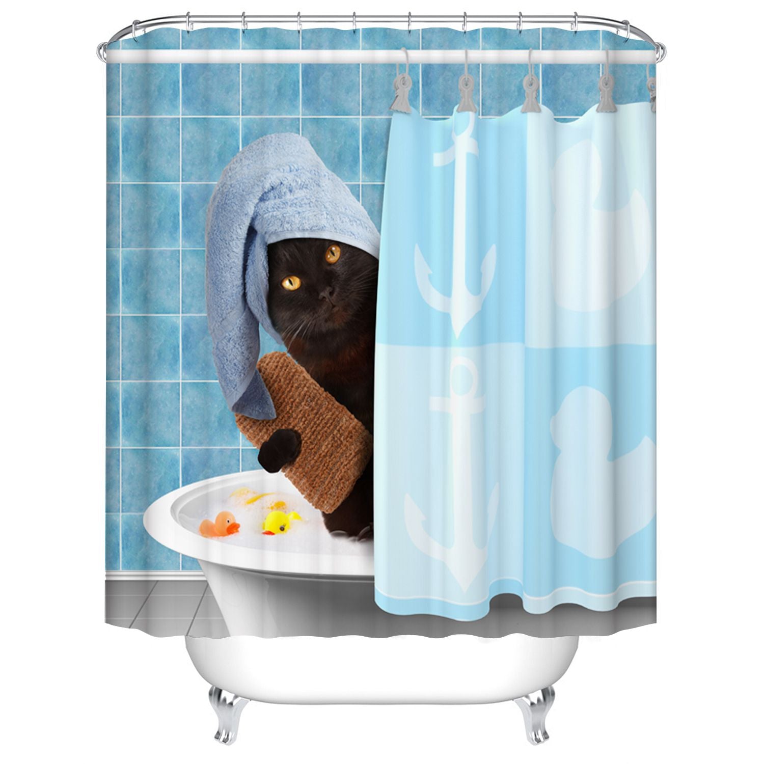 Black Cat Take A Bath Shower Curtain