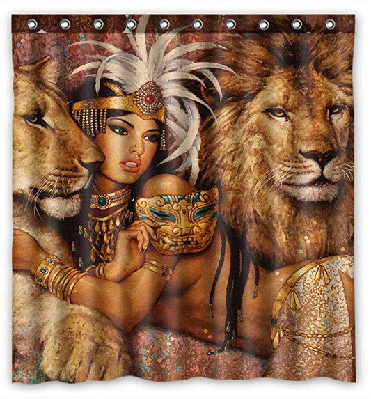 Black African Queen with Lions Wild Shower Curtain