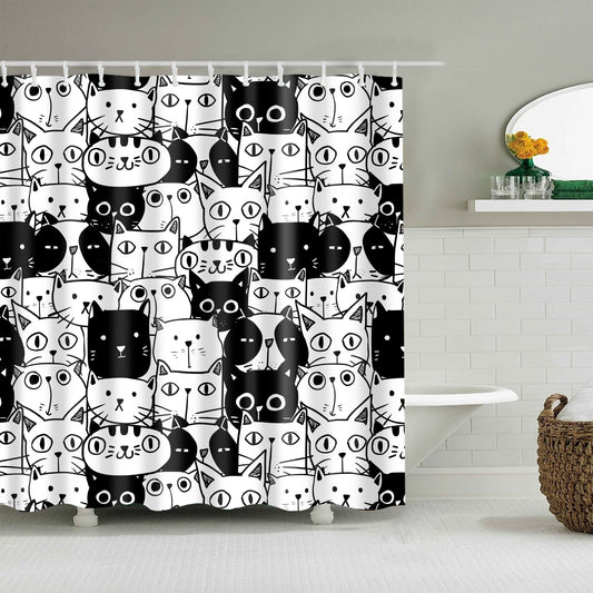 Black And White Cute Kawaii Kitten Illustration Shower Curtain