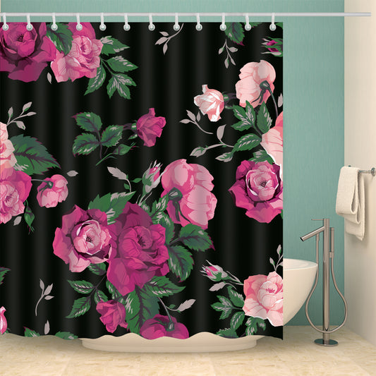 Black Backdrop Pink Rose Floral Shower Curtain