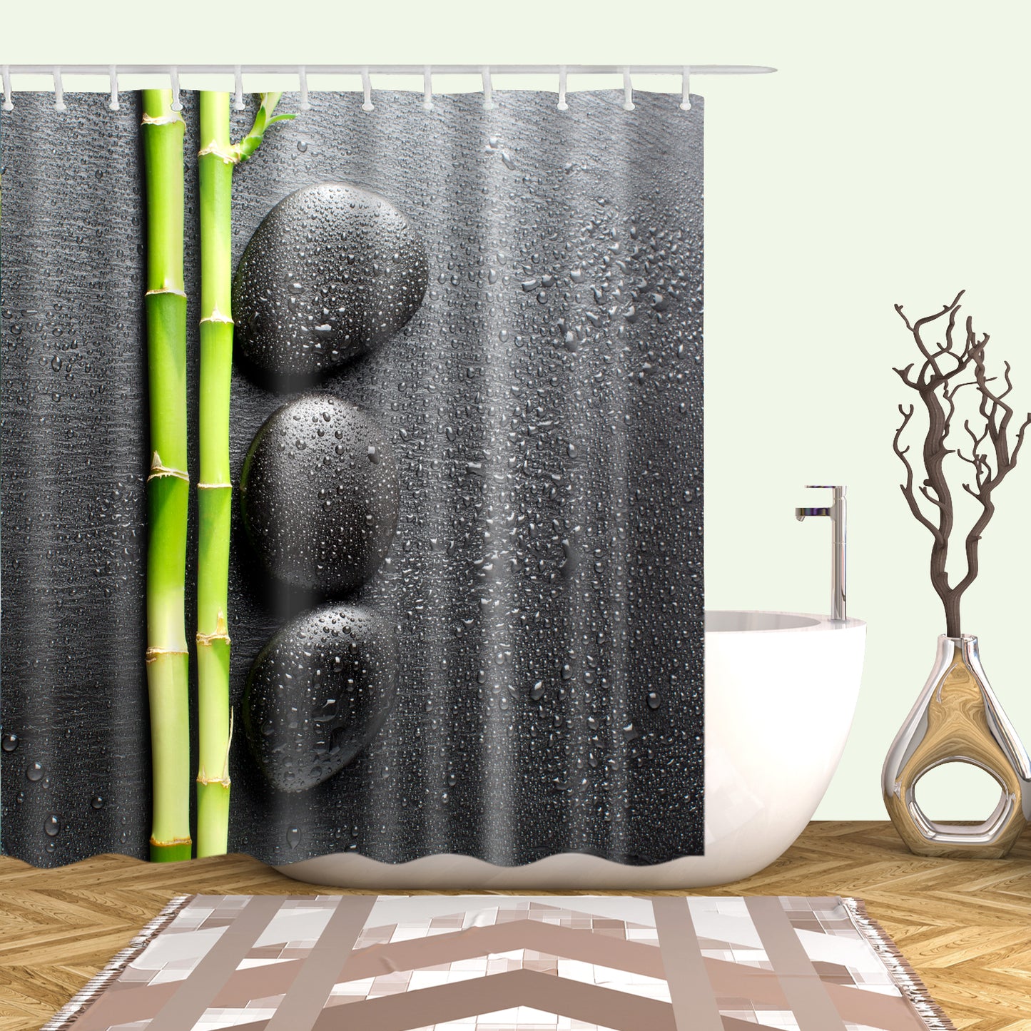Black Backdrop Zen Stone Green Bamboo Shower Curtain