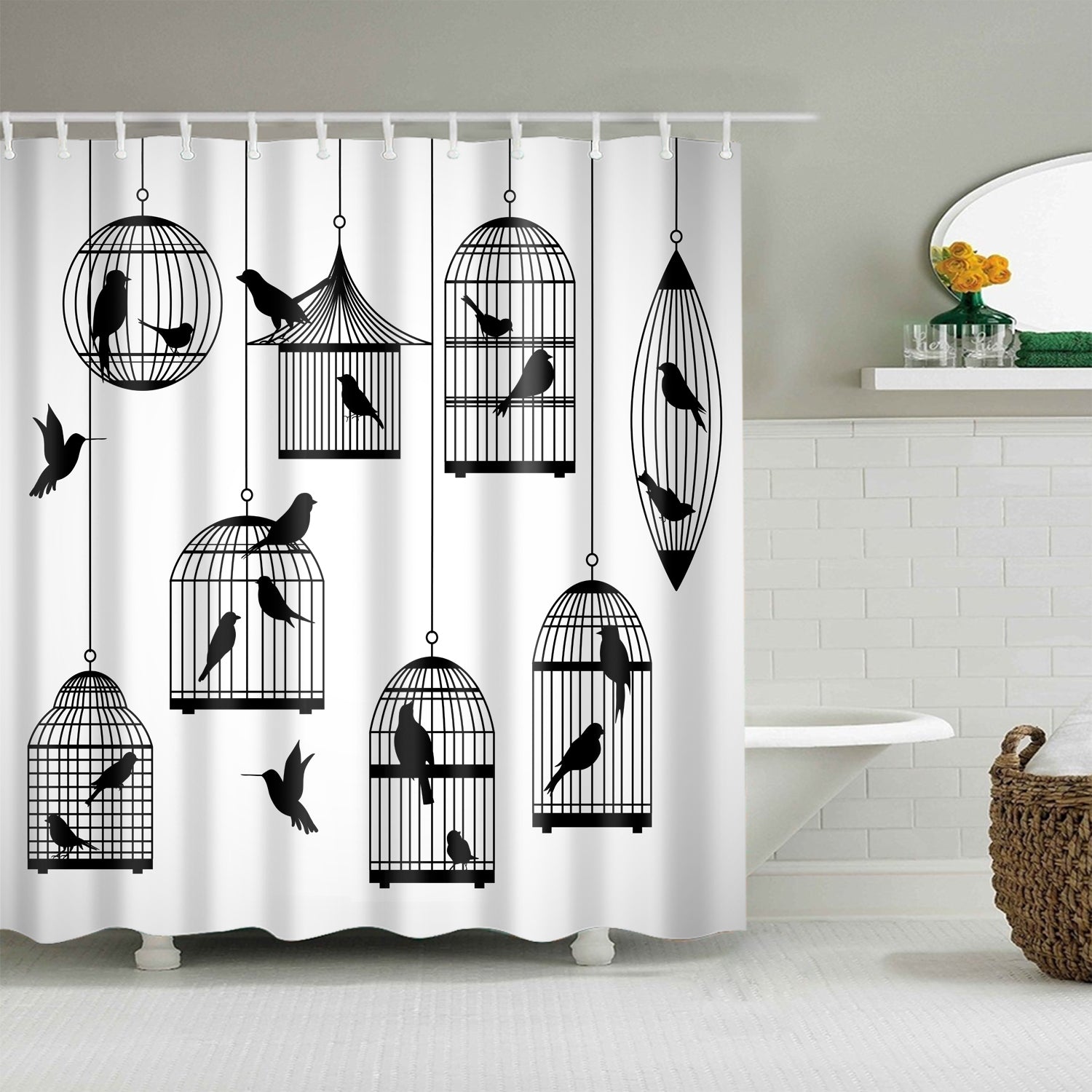 Black Domestic Canary Birdcage Shower Curtain